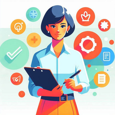 Businesswoman with clipboard and icons. Vector illustration in flat style.のイラスト素材