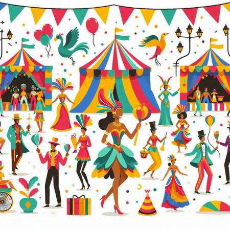 Circus background with carnival costumes and people. Vector illustration.のイラスト素材