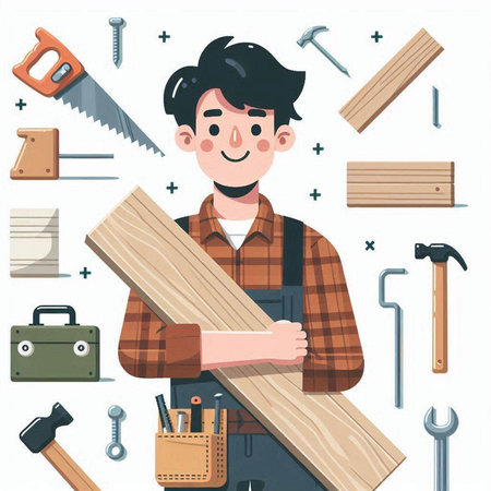 Carpenter with tools. Vector illustration in flat cartoon style.のイラスト素材