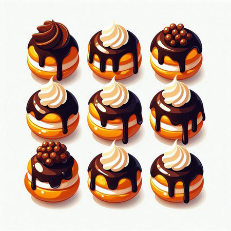 Illustration of a set of donuts with chocolate icing and creamのイラスト素材