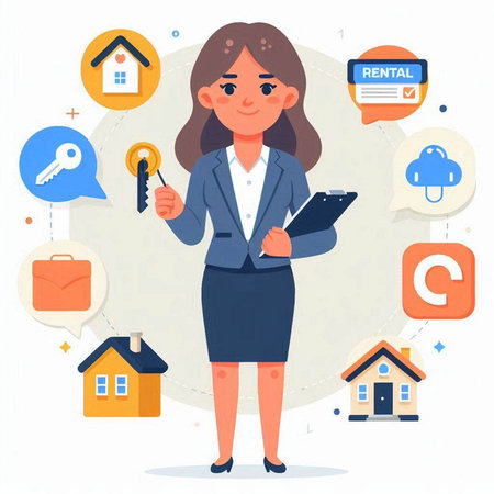 Real estate agent. Businesswoman with keys in hand. Vector illustrationのイラスト素材
