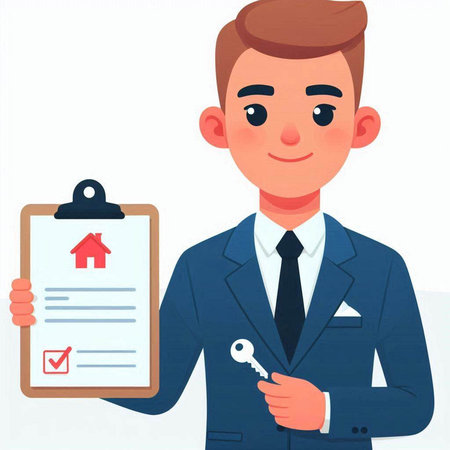 Real estate agent holding key and clipboard with contract. Vector illustration.のイラスト素材