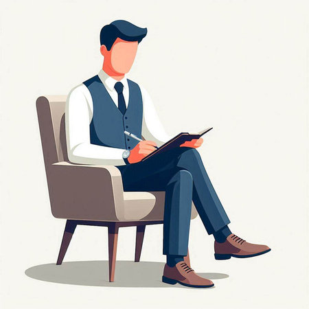 Businessman sitting in armchair and writing in notepad. Vector illustration.のイラスト素材
