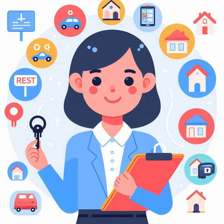 Female real estate agent holding a clipboard with house icons. Vector illustrationのイラスト素材