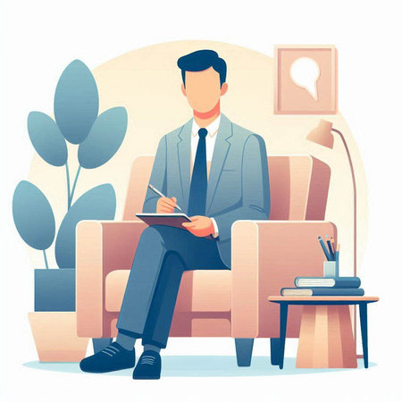 Businessman sitting in armchair and writing in diary. Vector illustration.のイラスト素材