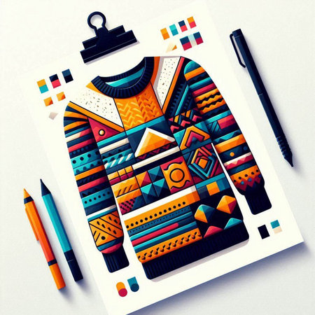 Colorful hand drawn illustration of a sweater, pencils and eraserのイラスト素材