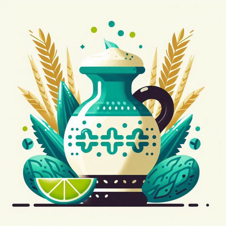 Vintage teapot with lime and leaves. Vector illustration.のイラスト素材