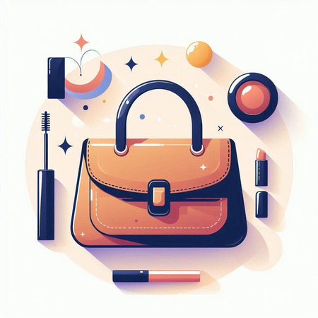 Vector illustration of woman's bag with cosmetics and accessories on a white background.のイラスト素材