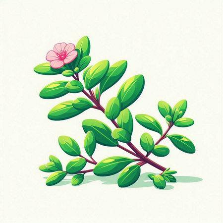 illustration of a green branch with pink flower on a white backgroundのイラスト素材