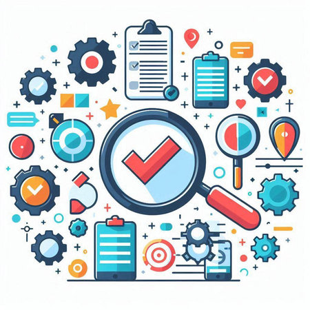 Search engine optimization concept with magnifying glass, magnifying glass, gears, cogwheels and icons. Vector illustrationのイラスト素材