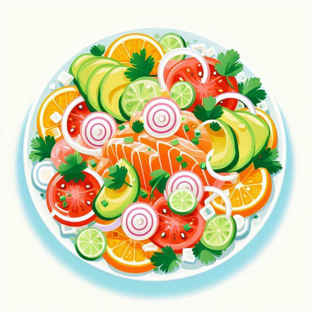Salad with avocado, tomato, onion and lemon. Vector illustration.のイラスト素材