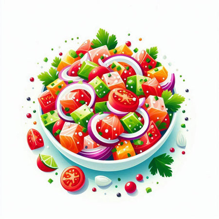 Salad with tomato, cucumber, onion, parsley, pepper and dill. Vector illustrationのイラスト素材