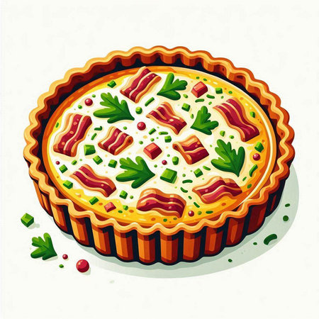 Illustration of a pie with bacon and parsley on a white backgroundのイラスト素材