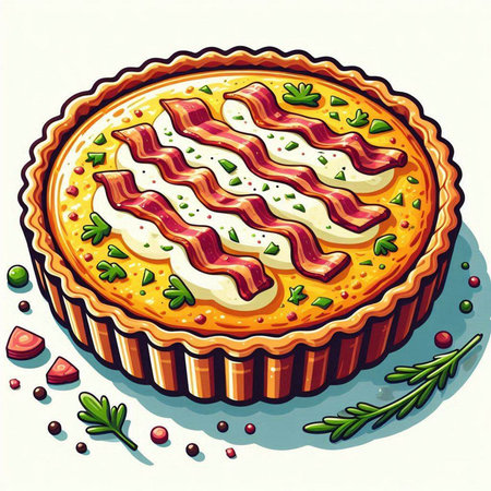 Illustration of a pie with bacon, parsley and tomato.のイラスト素材