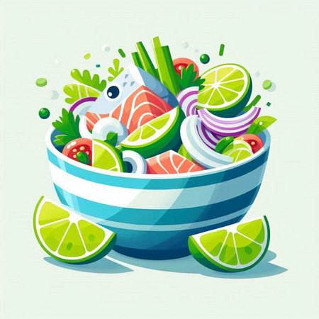 Salmon salad in a bowl with vegetables and greens. Vector illustration.のイラスト素材