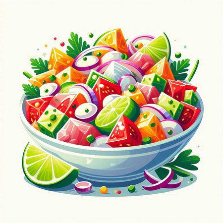 Vector illustration of a bowl of fresh fruit salad with lime and parsleyのイラスト素材