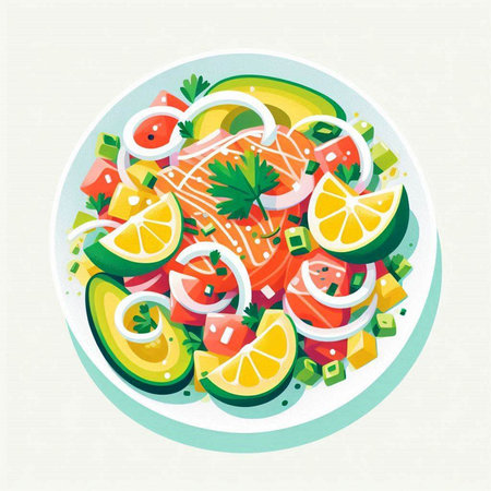 Salmon salad with avocado, cucumber, tomato, lemon and parsley. Vector illustration.のイラスト素材