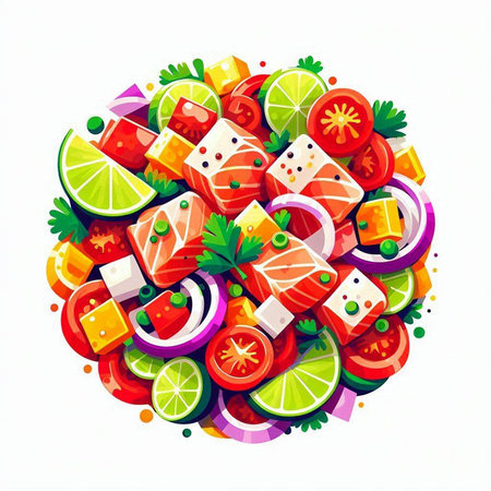 Vector illustration of colorful fish salad with tomato, onion, cucumber, lemon, parsley and dicesのイラスト素材