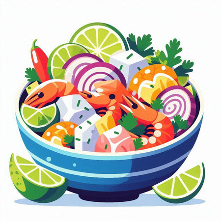 Salad with shrimps and vegetables in a bowl. Vector illustration.のイラスト素材