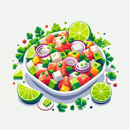 Vector illustration of salad with salmon, cucumber, onion and parsleyのイラスト素材