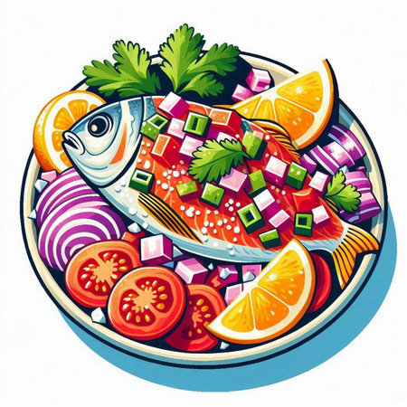 Salad with fish and vegetables on a plate. Vector illustration.のイラスト素材