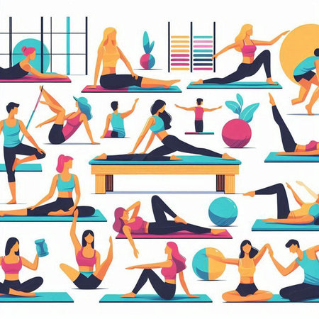 Seamless pattern with people practicing yoga. Vector illustration in flat styleのイラスト素材