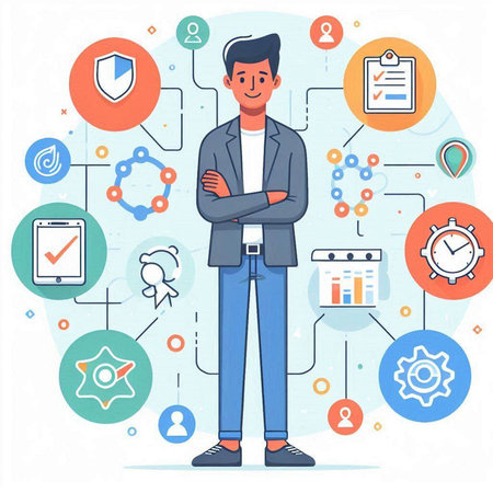 Businessman standing with crossed arms. Vector illustration in flat style.のイラスト素材