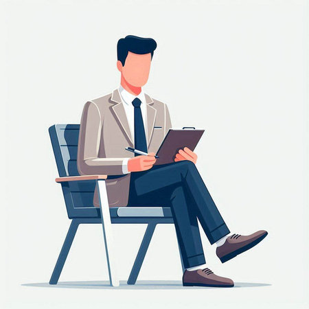 Businessman sitting on chair and writing on clipboard. Vector illustration.のイラスト素材