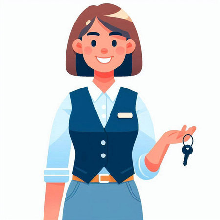 Real estate agent woman holding keys. Vector illustration in cartoon style.のイラスト素材