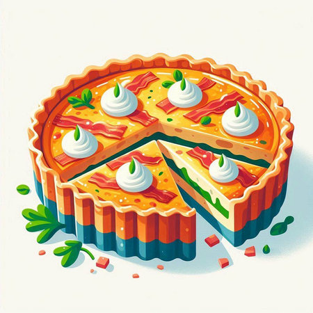 Illustration of a slice of pie with whipped cream and salamiのイラスト素材
