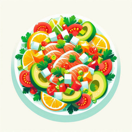 Salmon salad with avocado, tomato, cucumber and parsleyのイラスト素材