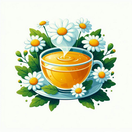 Cup of tea with chamomile flowers. Vector illustration.のイラスト素材