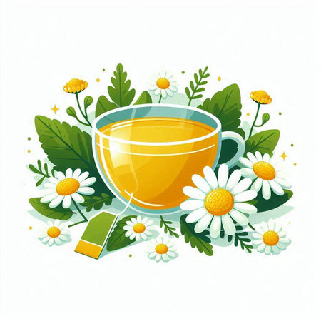 Cup of herbal tea with chamomile flowers. Vector illustration.のイラスト素材