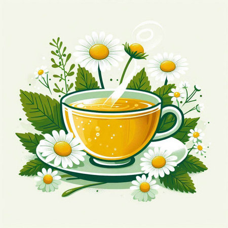 Cup of herbal tea with chamomile flowers and leavesのイラスト素材