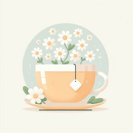 Cup of tea with chamomile flowers. Vector illustrationのイラスト素材