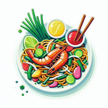 Thai noodle with prawns and vegetables. Vector illustration.のイラスト素材