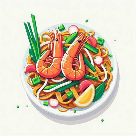 Noodle with shrimp and vegetables. Vector illustration in cartoon style.のイラスト素材