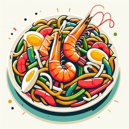 Noodle with shrimps and vegetables in a plate. Vector illustration.のイラスト素材