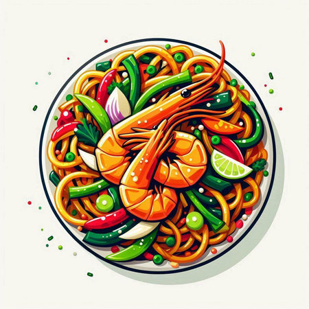 Spaghetti with prawns and vegetables in bowl. Vector illustration.のイラスト素材