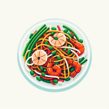 Spaghetti with shrimps and vegetables in a bowl. Vector illustration.のイラスト素材