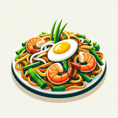 Noodles with shrimps, vegetables and egg. Vector illustration.のイラスト素材