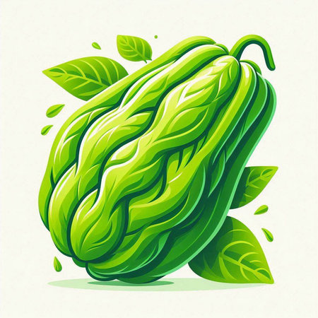 Illustration of a green chayote with leaves on a white backgroundのイラスト素材