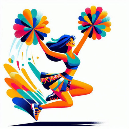 Cheerleader jumping with pompoms. Colorful vector illustration.のイラスト素材