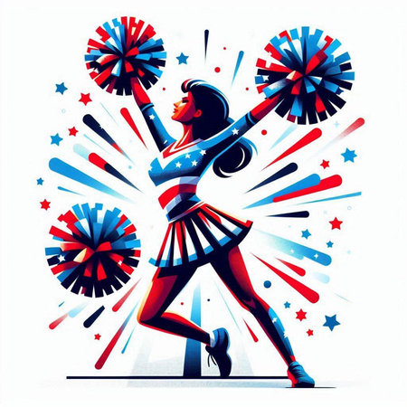 Woman cheerleader with american flag and fireworks. Vector illustration.のイラスト素材