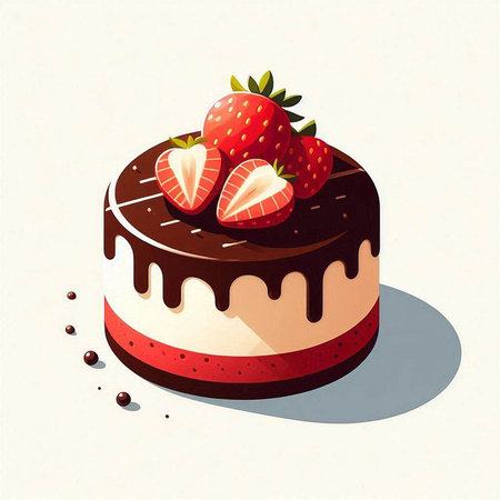 Chocolate cake with strawberries on a white background. Vector illustration.のイラスト素材