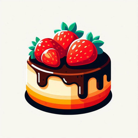 Chocolate cake with strawberries on white background. Vector illustration in cartoon style.のイラスト素材