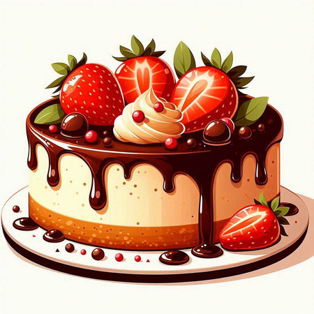 Illustration of a chocolate cake with strawberries and cherries on a white backgroundのイラスト素材