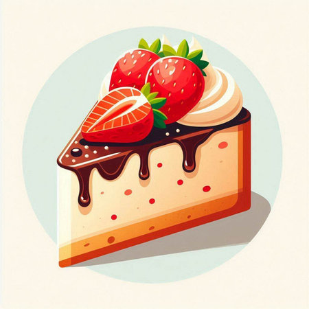 Vector illustration of a piece of cake with strawberries and cream on a white backgroundのイラスト素材