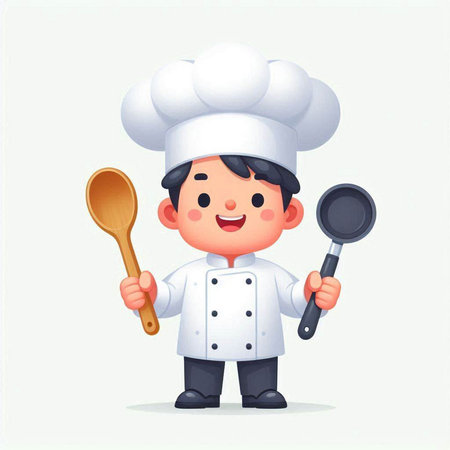 Cute cartoon chef with spoon and ladle. Vector illustration.のイラスト素材