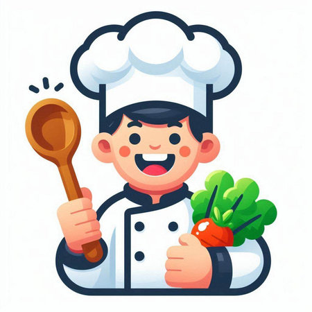 Chef with a ladle and vegetables. Vector illustration in cartoon styleのイラスト素材